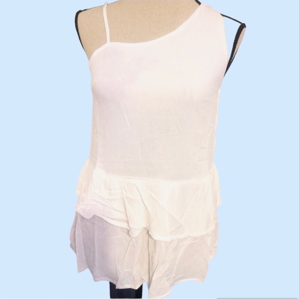 ❌DONATED❌Off White Lightly Lined Ruffled Hem One Shoulder Top - Picture 5 of 10